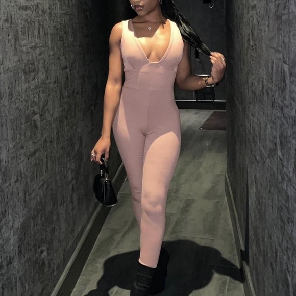 NWT Naked Wardrobe All Snatched Bustier Ribbed Tan Nude Jumpsuit Size Large - Picture 2 of 6